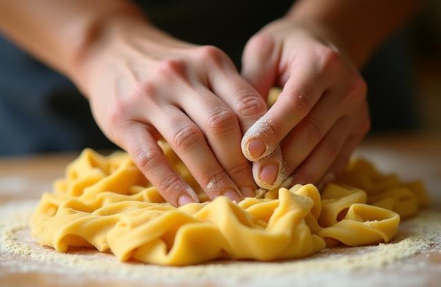 Mani che impastano pasta fresca