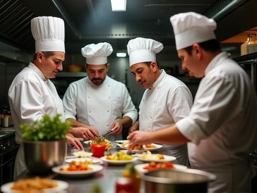 Chefs collaborating in the Osteria del Sole kitchen